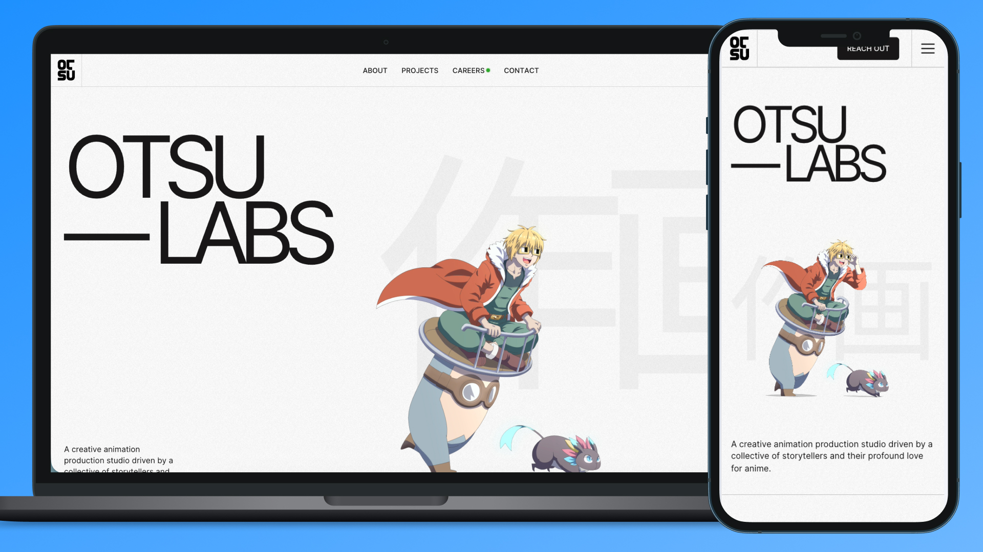Сайт аниме-студии Otsu Labs с ярким динамичным дизайном